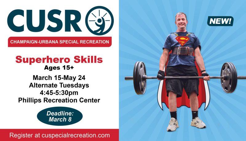 Flyer advertising Superhero Skills. A man is doing a deadlift with a hero cape.
