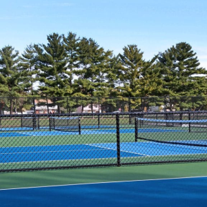 A landscape shot of pickleball courts.