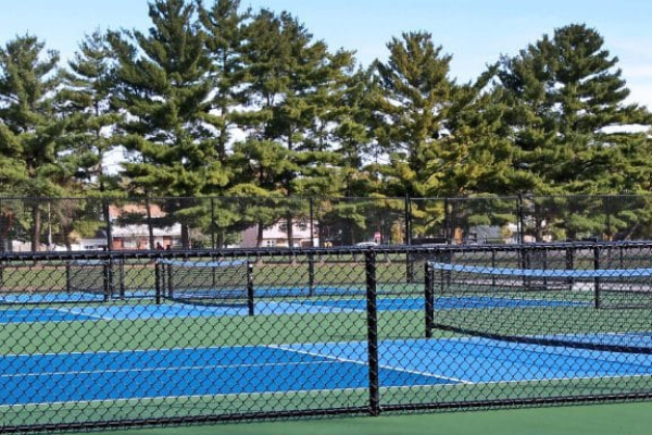 A landscape shot of pickleball courts.